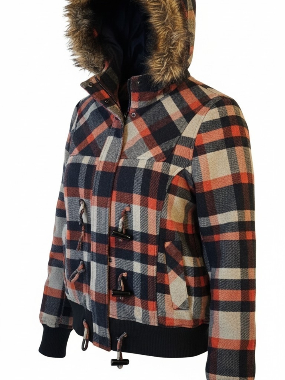 Dollhouse Women’s 2X Plaid Hooded Coat Faux Fur Toggle Jacket Plus Size